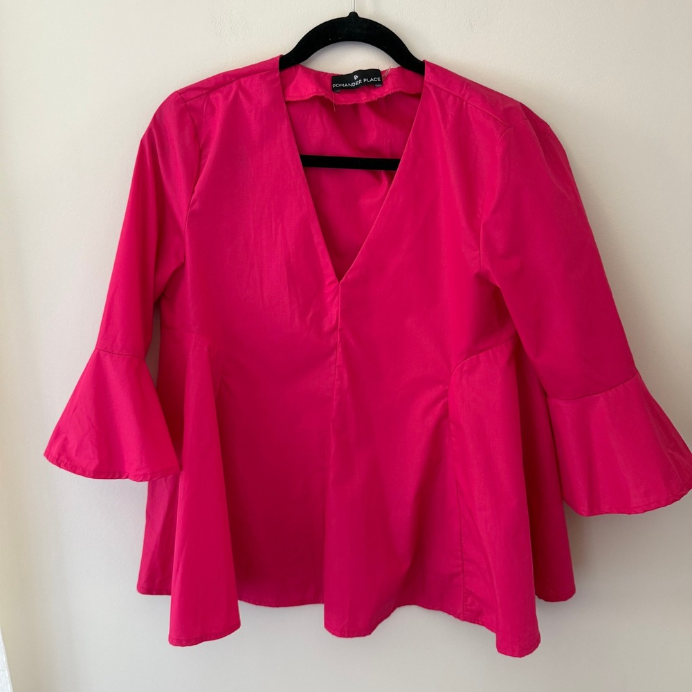 Pomander Place Hot‎ Pink Bell Sleeve V-Neck Cotton Blouse Top Medium Y14923T
